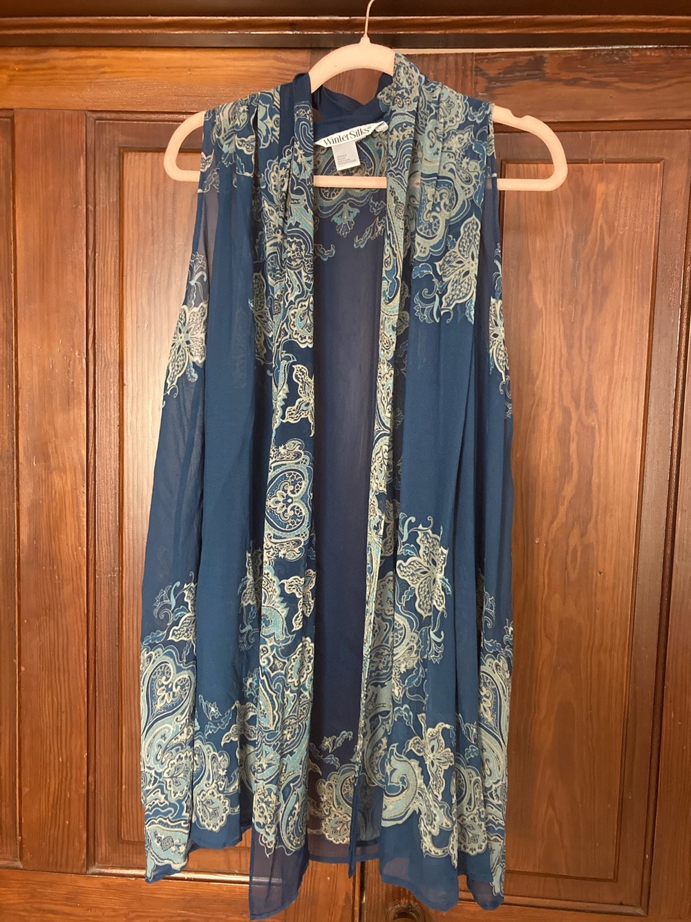 WinterSilks Blue Paisley 100% Silk Sleeveless Sheer Open Duster Medium